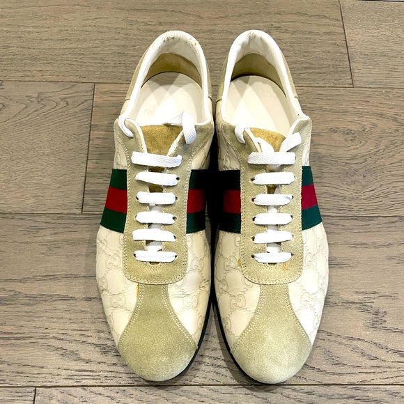 Gucci Cream/Suede & Leather Web Low Top Sneakers Size U.S-9E/Euro-42E - Picture 2 of 6